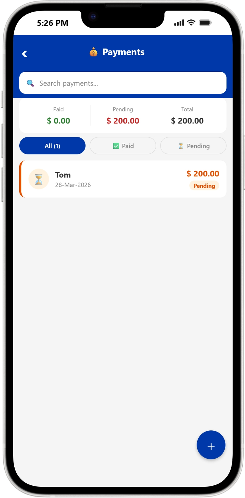 Payments screen showing totals
