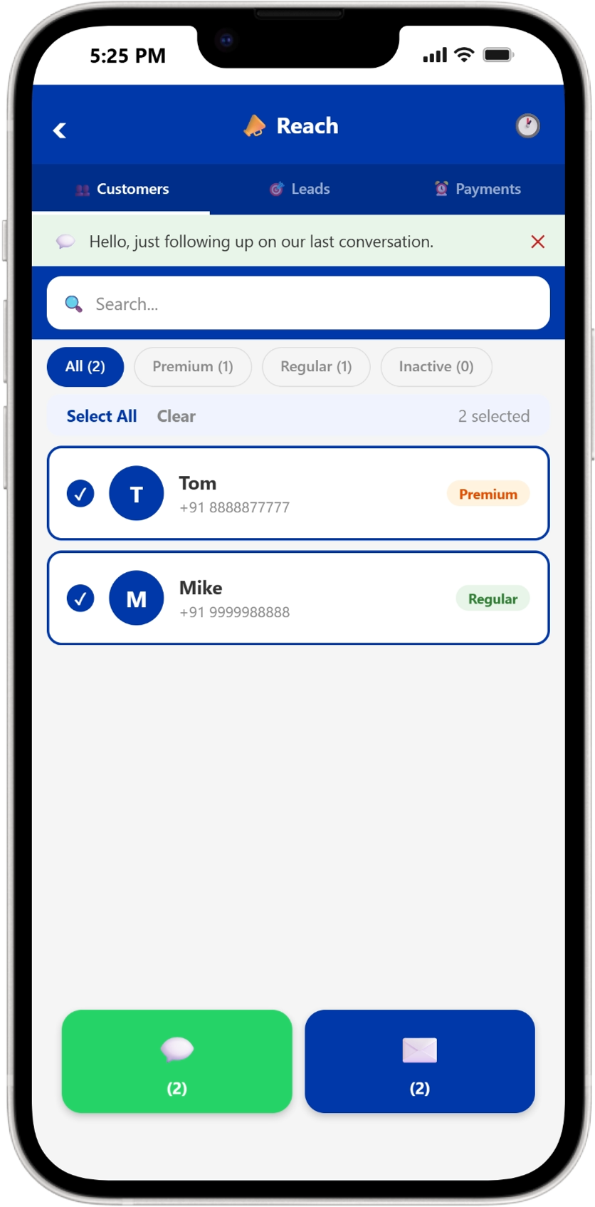 Reach screen with bulk customer selection